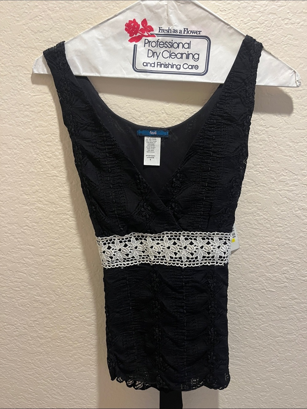 Faded Glory Black Lace-Trim V-Neck Camisole with White Crochet Waistband